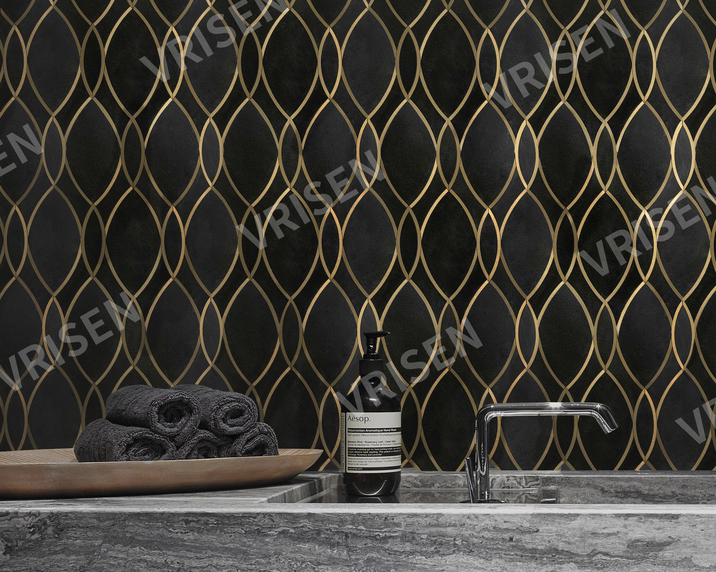 Gold Ribbons - Black Porcelain with Gold Metal Accents Waterjet Mosaic