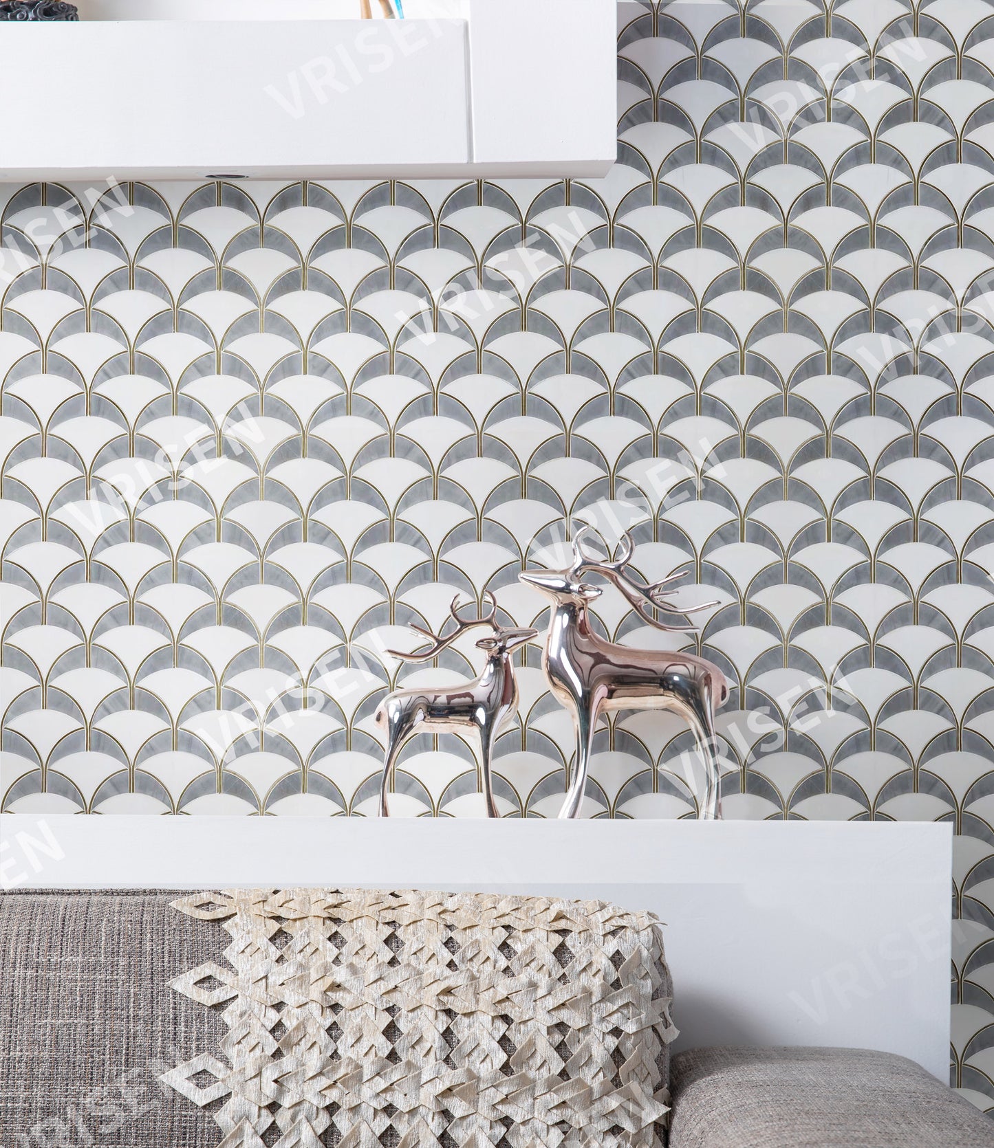 Thassos & Palladium Gray With Gold Accents Waterjet Mosaic Shell
