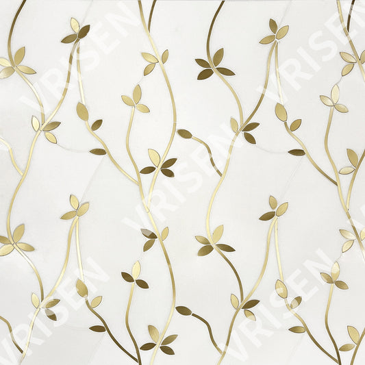 Thassos Marble Waterjet Mosaic With Brass Floral Design