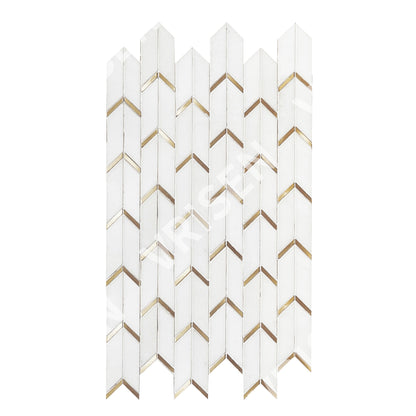 Dolomite White Marble with Gold Accents Waterjet Mosaic Arrow