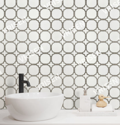 Thassos White & Athens Gray Waterjet Mosaic Patterned