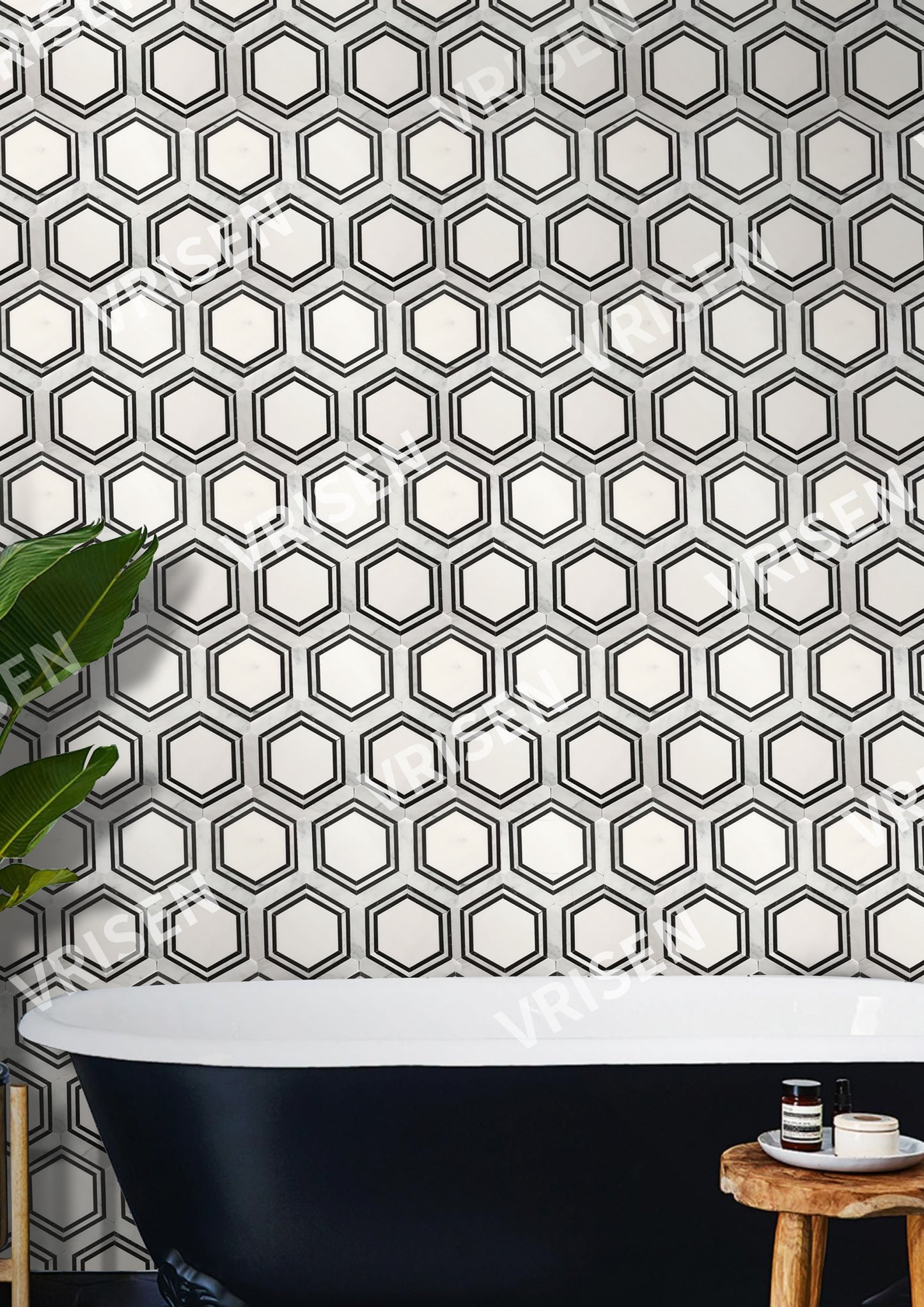 Black And White Waterjet Mosaic Hexagon