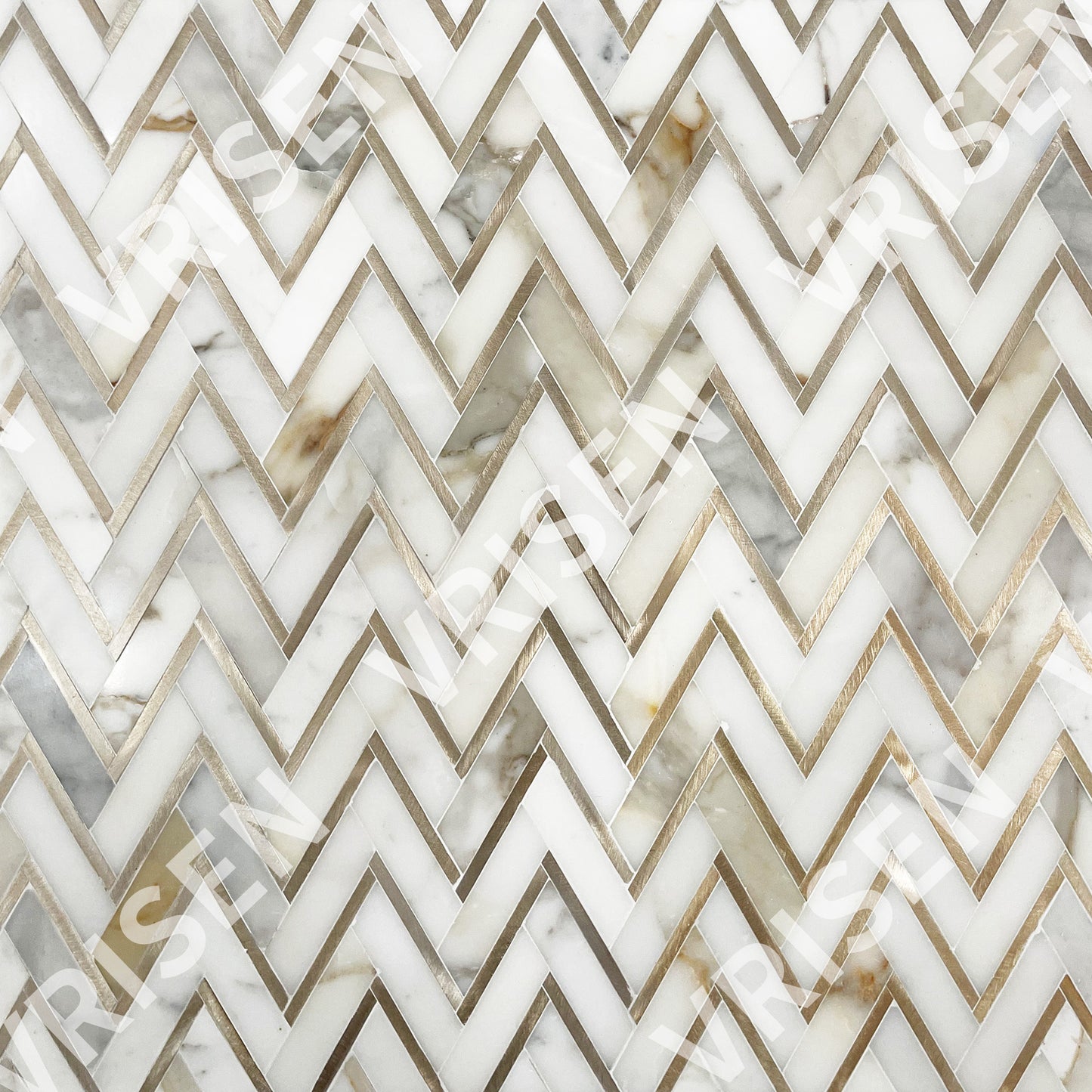 Calacatta White with Golden Metal Waterjet Mosaic Zigzag