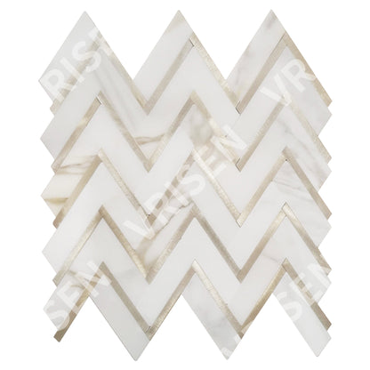 Calacatta White with Golden Metal Waterjet Mosaic Zigzag