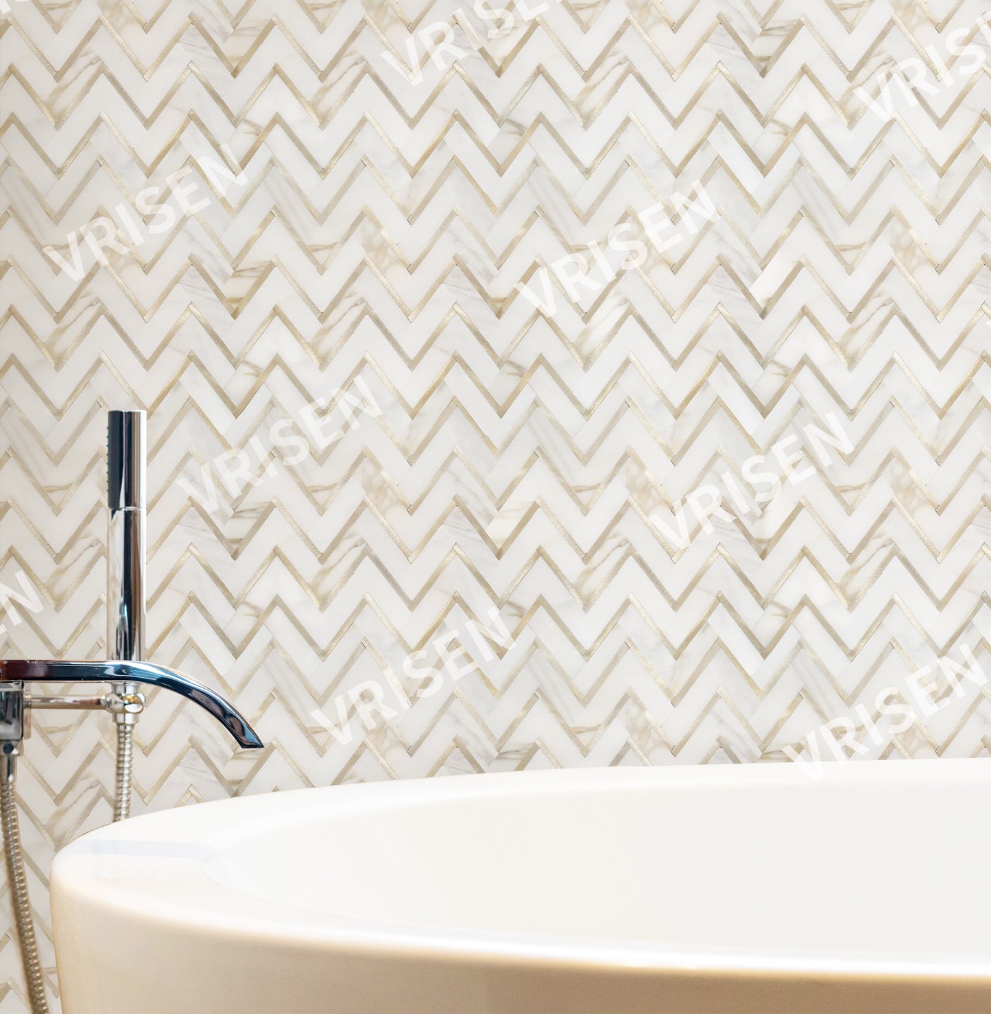 Calacatta White with Golden Metal Waterjet Mosaic Zigzag