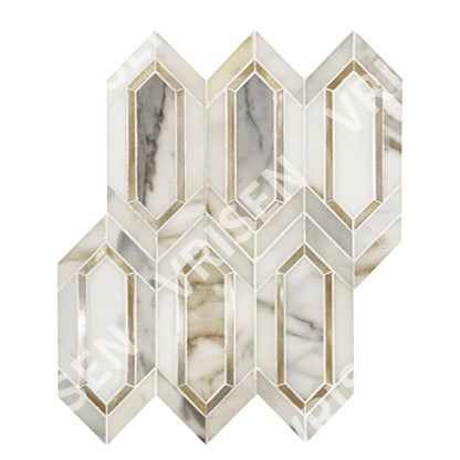 Calacatta Gold with Golden Metal Waterjet Mosaic Elongated Hexagon