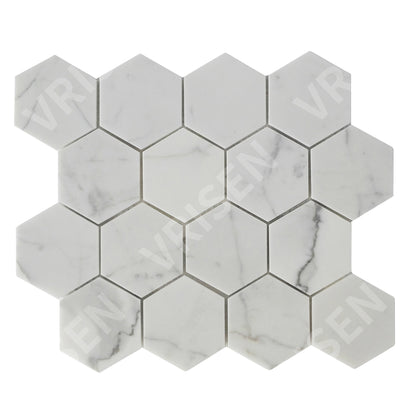 Calacatta White Mosaic Honed 3" Hexagon